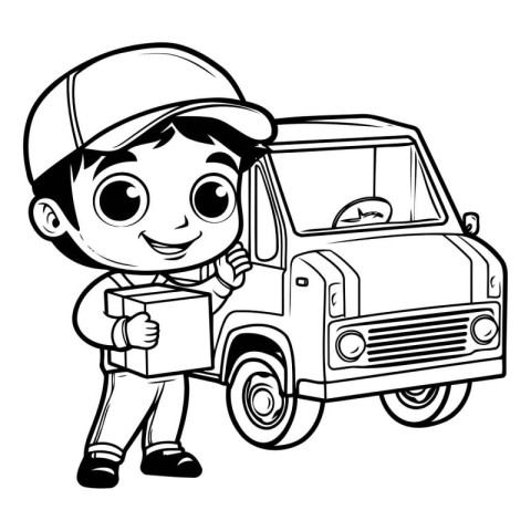 Cute cartoon delivery boy with a truck. Vector illustration for