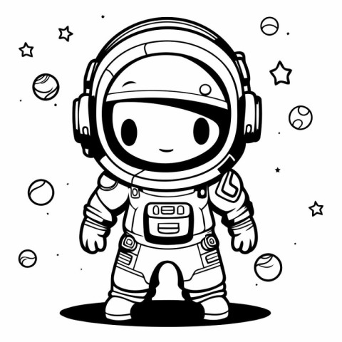 Cute astronaut girl in space suit. Black and white vector illust