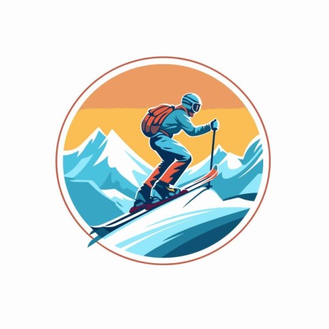 Skier in mountains. Extreme winter sport. Vector illustration in