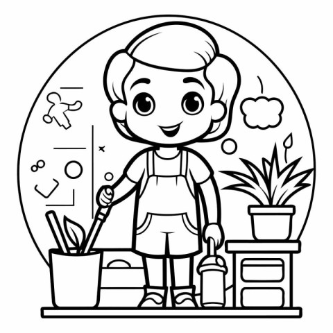 Coloring Page Outline Of Cartoon Gardener Vector Illustration.