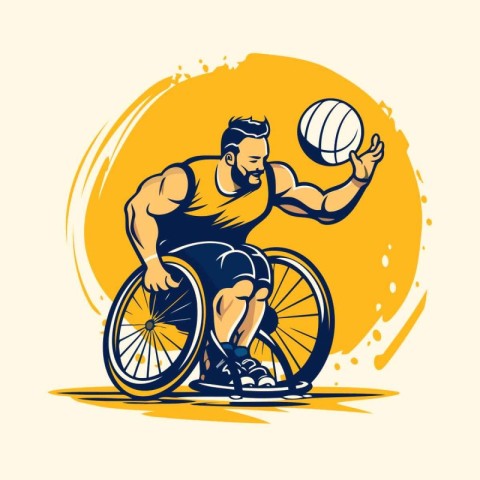 Handicapped man in a wheelchair playing volleyball. Vector illus