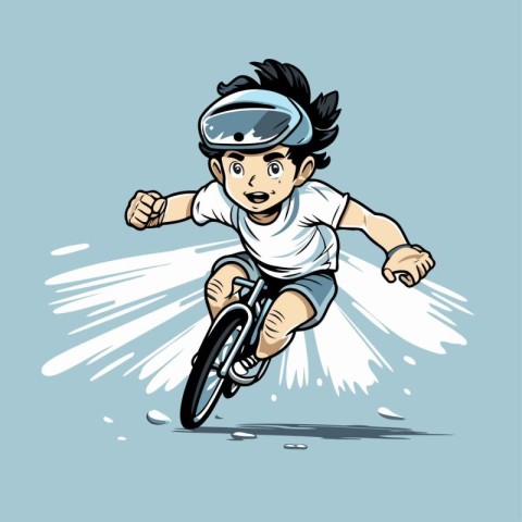 Vector illustration of a boy in a helmet riding a mountain bike.