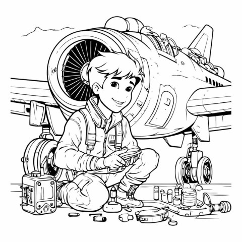 A cartoon illustration of a boy repairing a jet engine with a wr