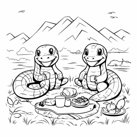 Cute cartoon snakes on picnic. Vector illustration for coloring