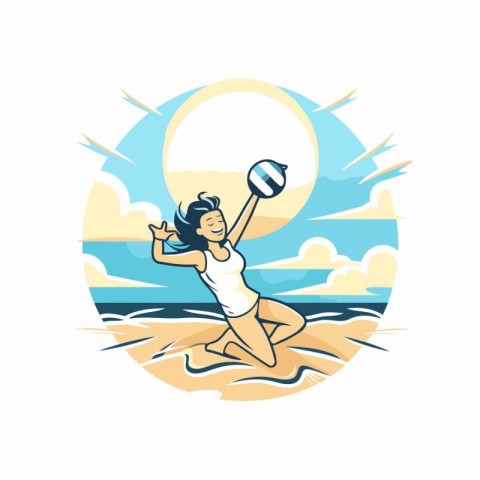 Girl playing volleyball on the beach. Vector illustration in car