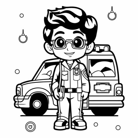 Cute boy in police uniform with police car. Vector illustration.