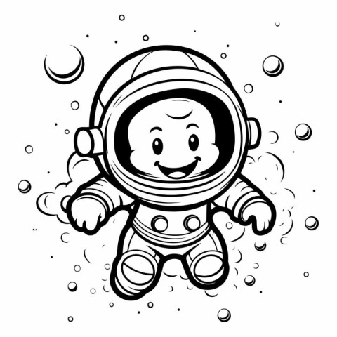 Cartoon astronaut with moon and stars. Black and white vector il