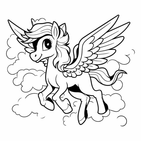 Unicorn flying in the clouds. Black and white vector illustratio