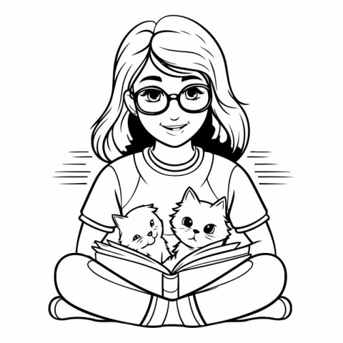 Girl with cat and book design. Kid childhood little people lifes