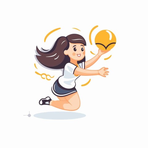 Cheerful girl playing basketball. Vector illustration in cartoon