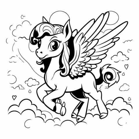 Unicorn in the clouds. Black and white vector illustration.