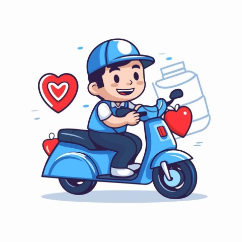 Cartoon delivery man riding a scooter. Vector illustration isola