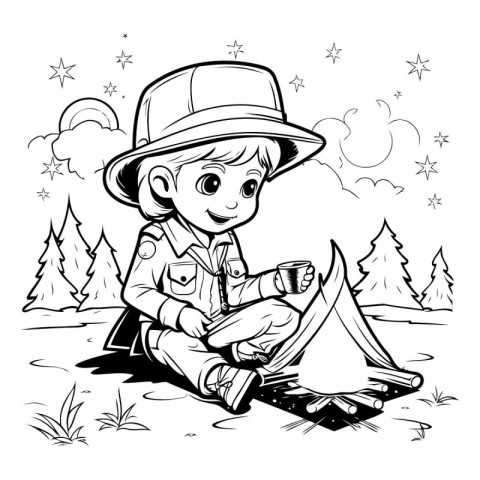 Boy scout sitting by the campfire. black and white vector illust