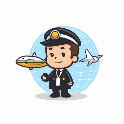 Cute pilot with airplane and world map. Cartoon vector illustrat