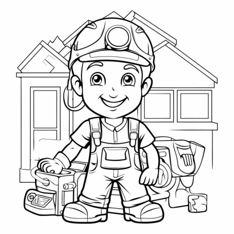 Black and White Cartoon Illustration of Little Boy Builder or Fi