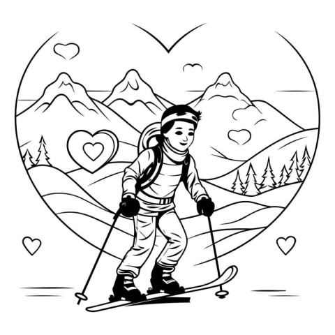 Skiing woman in the mountains. Vector illustration. Line art.