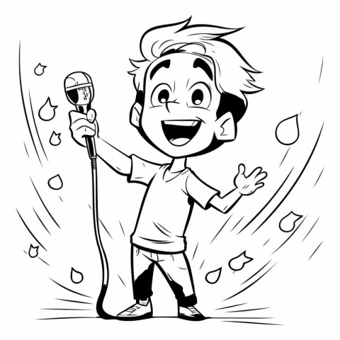 Black and White Cartoon Illustration of a Kid Singing with Micro