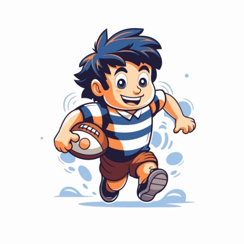 Cute little boy running with rugby ball. Cartoon vector illustra