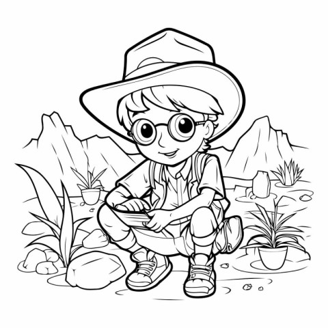 Coloring Page Outline Of a Little Boy Watering The Plants