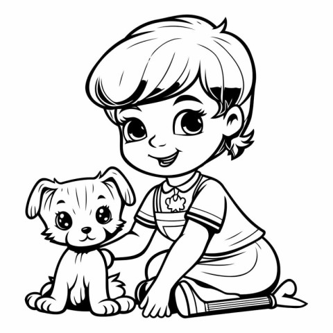 Cute little boy with puppy - black and white vector illustration