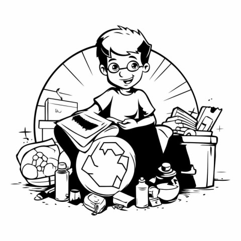 Boy with a book. Black and white illustration for coloring book.