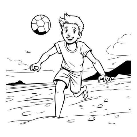 Boy playing soccer on the beach. Black and white vector illustra