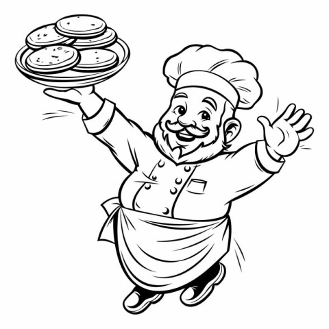 Chef - Black and White Cartoon Illustration of a Chef with Stack