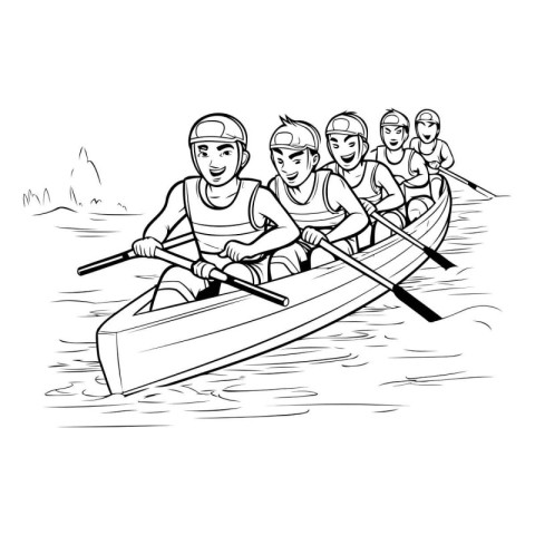 Group of people rowing on boat. Black and white vector illustrat