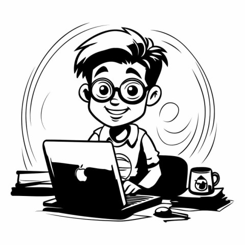 illustration of a boy with glasses and a laptop in the office