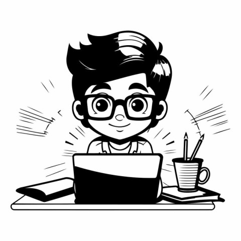 cute little student boy using laptop computer cartoon vector ill