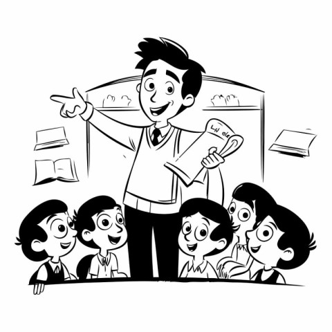 Teacher and pupils on a white background. Black and white vector