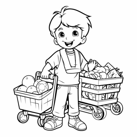 Coloring Page Outline Of a Little Boy With Basket Of Groceries