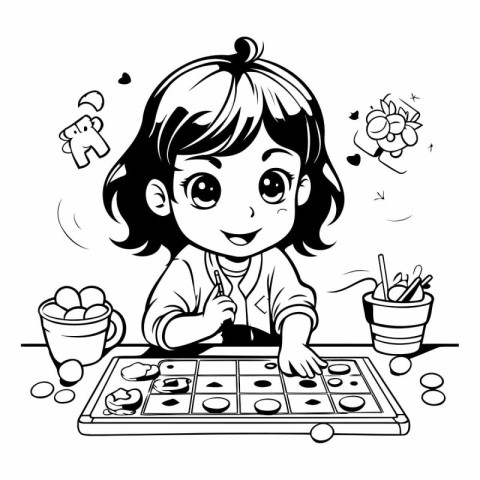 Little girl playing board game. Black and white vector illustrat