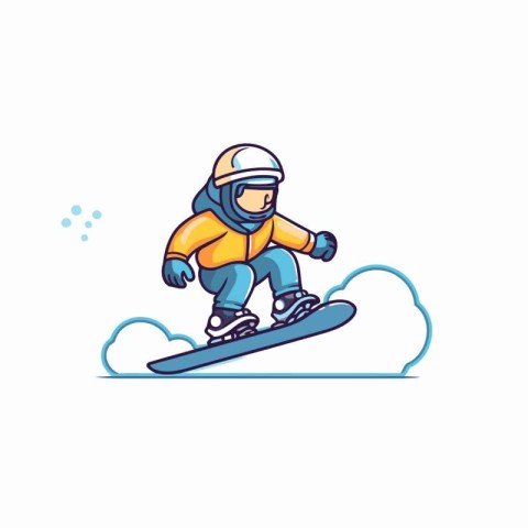 Snowboarder in helmet riding on snowboard. Vector illustration.