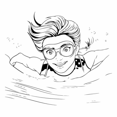 Young man swimming in the pool. Black and white vector illustrat