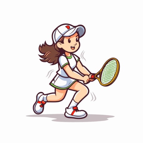 Cartoon girl playing tennis. Vector illustration of a girl playi