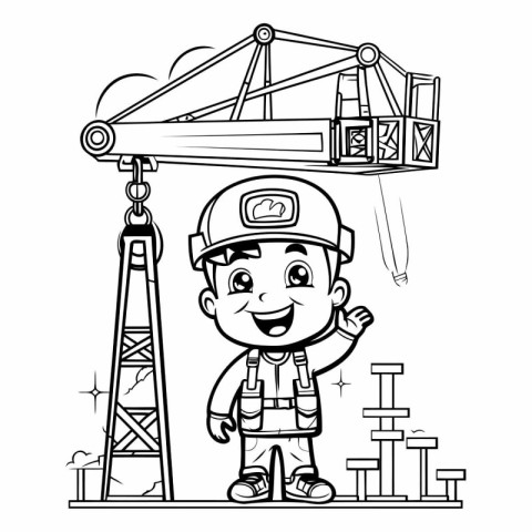 Black and White Cartoon Illustration of Kid Boy Construction Wor