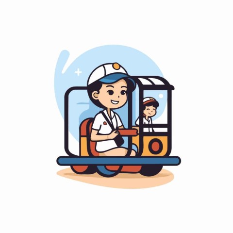 Cute boy riding a train. Vector illustration in cartoon style.