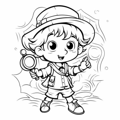 Black and White Cartoon Illustration of Cute Little Boy Scout or