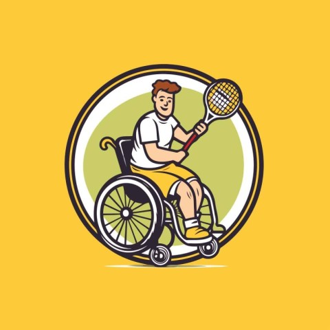 Wheelchair tennis player with racket and ball. Flat vector illus