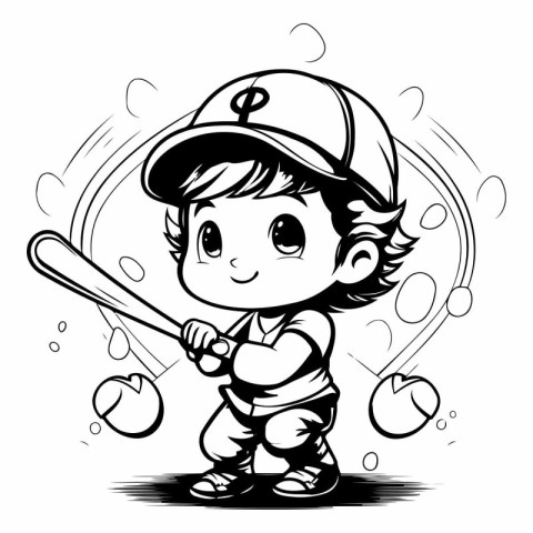 Baseball Player - Black and White Cartoon Illustration. Vector A