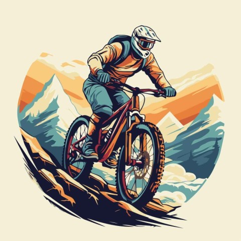 Mountain biker rides on the high mountains. Vector illustration.