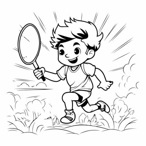 Black and White Cartoon Illustration of a Kid Playing Badminton