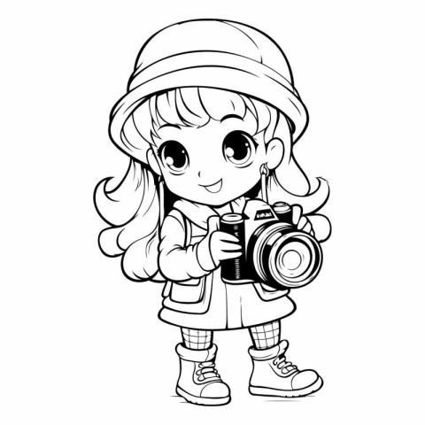 Cute little girl with a camera. Vector illustration for coloring