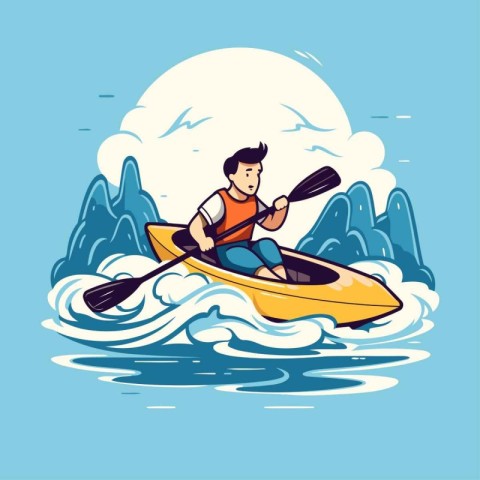 Man in a kayak on the river. Vector illustration in cartoon styl