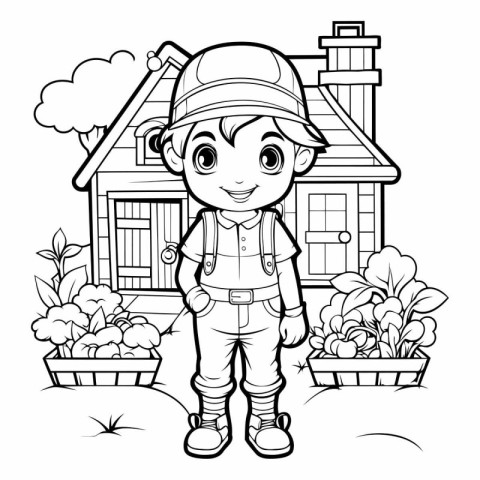 Black and White Cartoon Illustration of Kid Boy or Kid Character