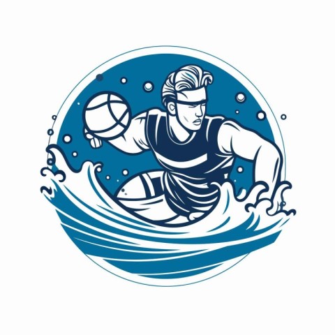 Water polo player with ball and net in the water. Vector illustr