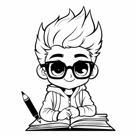 Vector illustration of a boy in glasses reading a book with penc