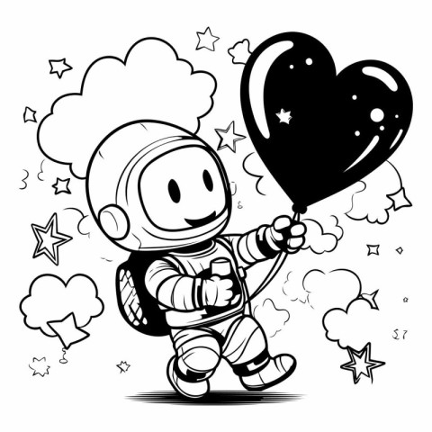 Astronaut with heart shaped balloon - black and white vector ill