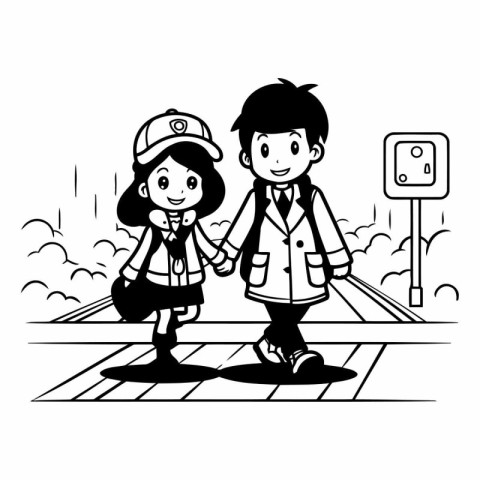 firefighter boy and girl on the street. black and white vector i